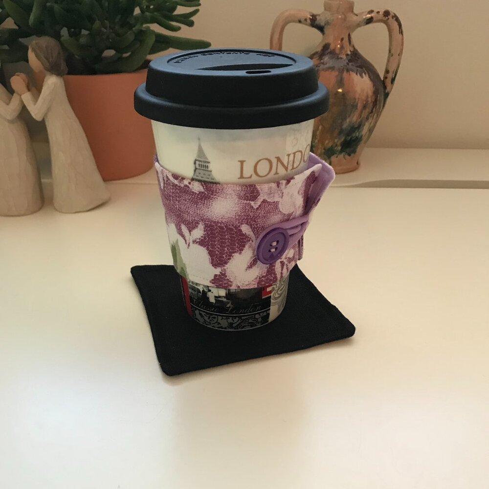 🌻5/$20 Handmade Fabric Coffee Cozy - Reusable Coffee Cup Sleeve, Purple Floral
